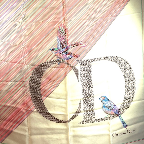 Vintage Christian Dior Silk Scarf Ivory Stripes and Birds Monogram - Picture 7 of 12